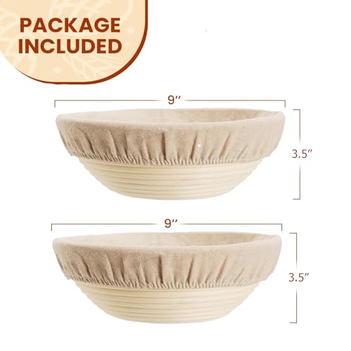Banneton Bread Proofing Basket, 2 Pack 9-Inch Round Sourdough Proofing Baskets With Linen Liner for Bread Baking, Round Rattan Dough Rising Bowl for Homemade Artisan Loaves - style: Round Basket
