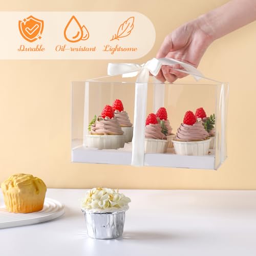 JCD 4 Pack Clear Cupcake Boxes, Plastic Cupcake Containers with Gift Ribbon, 5.5inches height Holder 6 Count Cup Cake Boxes for Parties, Baking, Wedding, Transport (6count/4pcs) - size: 6count/4pcs