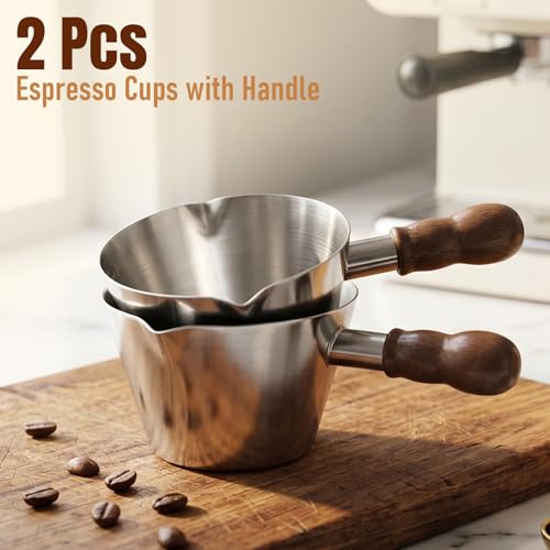 Baalaka 3.4oz Espresso Cups Set 2, Stainless Steel with Wooden Handles