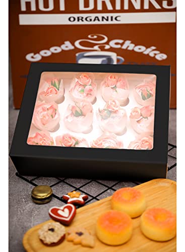 qiqee Auto-pop Up Cupcake Boxes with Window Black 40PCS 12 Count Cupcake Box 13"x10"x3.5" Cupcakes Carrier, 12 Cupcake Containers with 2 rolls of pink ribbons - color: Black, size: 12 Holder/40 Packs
