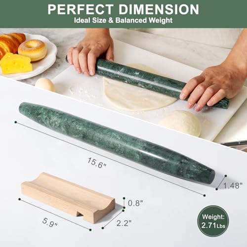 Natural Marble Rolling Pin for Baking, 15.6" Non-Stick Stone Dough Roller - color: 15.6"x1.48"-Green