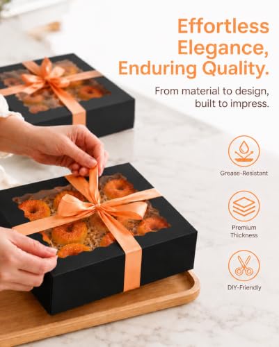 qiqee 10"x 10"x 2.5" Black Pie Boxes with Window 50Packs Cookie Donut Bakery Box (Auto-pop Up) - color: Black, 50Packs