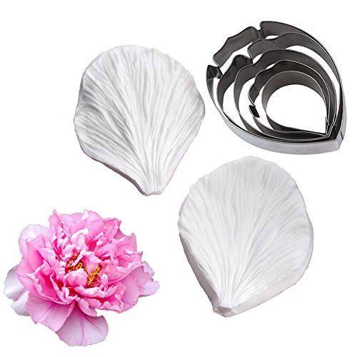 KALAIEN 5pcs Stainless Steel Peony Cutter 2pcs Fondant Silicone Mold - color: Peony Set(7pcs)