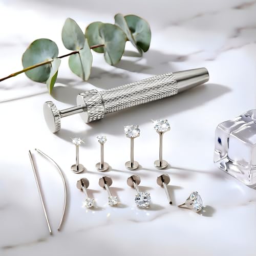 16G 18G Flat Back Earrings Stud 316L Surgical Stainless Steel Internal Thread Piercing Jewelry for Helix, Cartilage, Tragus, Nose, Labret – with Ball Grabber Tool - color: Silver：16G Bar-6/6/7/8mm & CZ-2/2.5/3/4mm