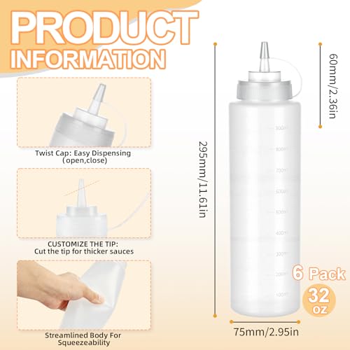 6 Pack 32 oz Condiment Squeeze Bottles, Wide Mouth & Leak Proof - size: 32 Ounces (Pack of 6)