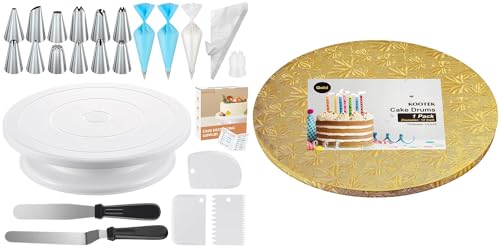 Kootek 71PCs Cake Decorating Supplies Kit and 1 Pack 12 Inch Gold Cake Board Drum