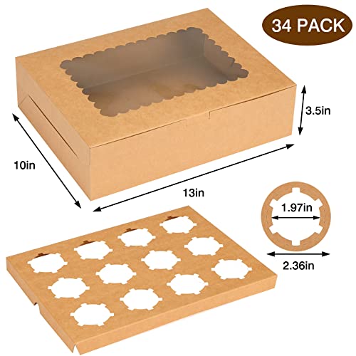 Moretoes 34pcs Cupcake Boxes,12 Count Cupcake Containers with Window&Insert - color: Brown, size: 13*10*3.5inch