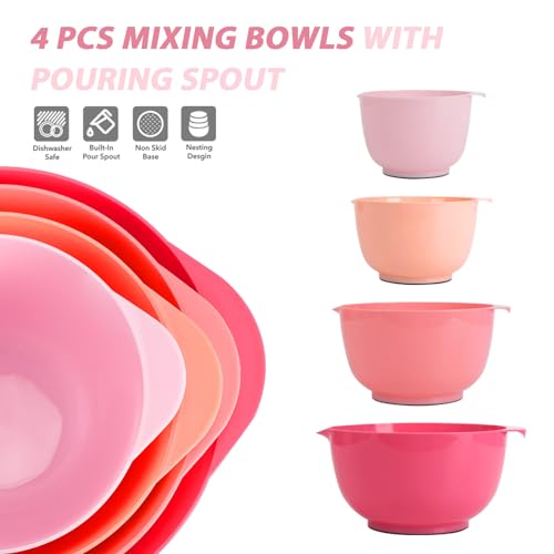 BoxedHome Mixing Bowls Set of 4, BPA Free Plastic,Microwave Safe, Rose Red - color: Pink Gradient