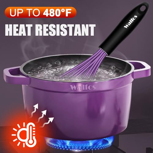 Walfos Whisk, Silicone Whisks Set of 5, Mini Stainless Steel Whisk 7+5in & Non Scratch Coated 7+9+11in Whisks, Suitable for Blending, Whisking, Beating, Frothing & Stirring. (Purple) - color: 5pcs Purple + Stainless Steel;7+9+11in & 5+7in