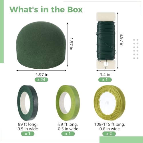 24 Pcs Mini Floral Foam Holder Set, Round Floral Foam Blocks with Florist Wire, Green Tape and Ribbon, Flower Arrangement Supplies for Wine Bottle Decor, DIY Craft