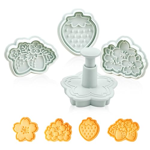Strawberry & Cherry Blossom Spring Cookie Cutters, 4 Designs with Spring Pusher, Sakura Strawberry Biscuit Molds for Spring Party DIY Baking & Decorations - Set of 4 - color: Strawberry Cookie Cutter