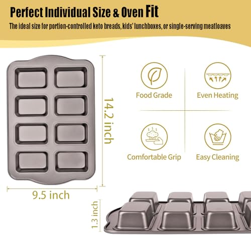 Mini Loaf Baking Pans Set 8-Cavity with 200 PCS Parchment Liners, Nonstick Bakeware Rectangle Bread Pan, Heavy Duty Banana Bread Pan, Grey - size: 14x9.39x1.3 Inch