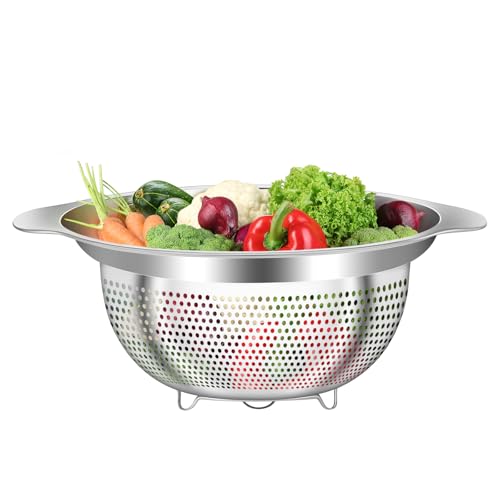 QCQHDU Stainless Steel Colander for Kitchen Pasta Rice Strainer for Spaghetti Fruit Vegetables Cooking Food, 3 Quarts Metal Mesh Stainless Steel Strainers and Colanders, Dishwasher Safe, 1 Pack