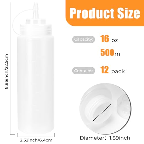 DHSBTLS 16 oz Plastic Squeeze Bottles with Tethered Caps, 12 Pack - color: 16oz-12 Pack