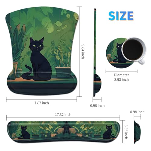 3Pcs Ergonomic Memory Foam Keyboard Wrist Rest Pad Set, Black Cat Leaf - color: Black Cat Leaf