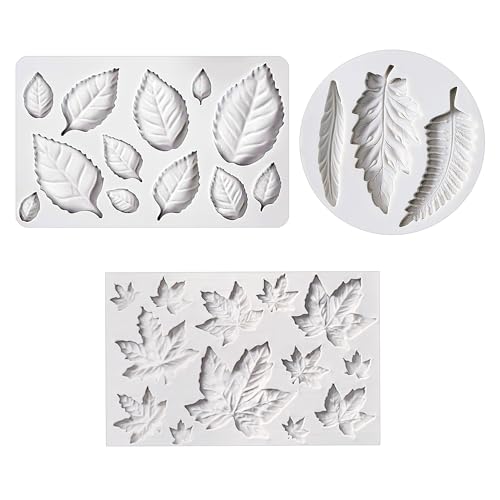 KALAIEN 3pcs Leaf Fondant Mold, Rose Maple Leaves 3D Leaf Silicone Mold - color: 3pcs Leaf Molds