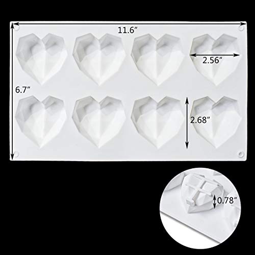 8 Grid Diamond Heart Silicone Cake Chocolate Mold Silicone Baking Pan Mold for DIY Cake Mousse Dessert 3D Diamond Love Heart Shaped Mould for Candy Fondant Ice Cream Soap Cupcake Cheesecake Jelly