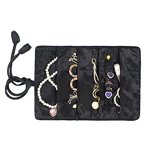 Wei Long Jewelry Roll, Travel Jewelry Roll Bag, Silk Embroidery Brocade Jewelry Organizer Case with Tie Close (Bamboo, Black) - color: Bamboo-Black