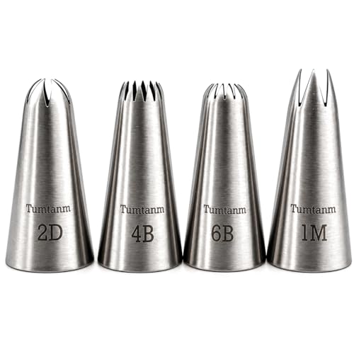 #1M #2D #4B #6B Large Piping Nozzles, 4 pcs Stainless Steel Seamless Icing Piping Tips Set for Cupcakes and Baking