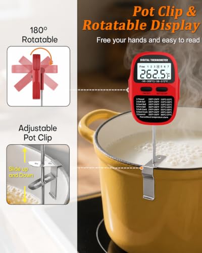 Candy Thermometer Digital Deep Fry Oil Thermometer with 7 Preset Modes - color: RED