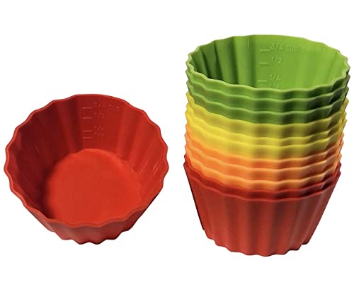 12 Pack Measured Baking Cups Jumbo Silicone Muffin Cup Reusable Non-Stick Liners Easy To Read Measurements Four Colors Flexible Durable Microwave & Dishwasher Safe by Baking Made Easy