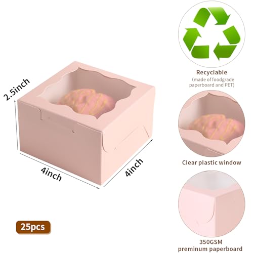 25pcs Pink Small cookie boxes,4x4x2.5 Inch Bakery Boxes with Window,gift boxes bulk for Mini Cake Pastry Dessert Strawberries Chocolates Cupcakes with Stickers - color: Pink/25pcs