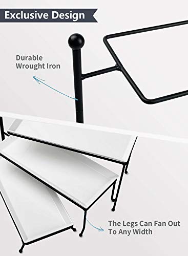 Sweese 3 Tiered Serving Stand, Foldable Rectangular Food Display Stand with White Porcelain Platters - Serving Trays, Dessert Display Server for Brithday Party, Valentine's Day and Events