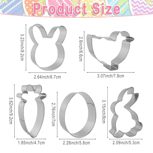 Easter Cookie Cutters, 5 Pcs Chick Carrot Egg Bunny Rabbite Shapes Metal Cookie Cutters, Stainless Steel Cutter Sets Biscuit Fruit Cutter for Easter Holiday Home Baking Kit Birthday Party Supplies - color: Silver