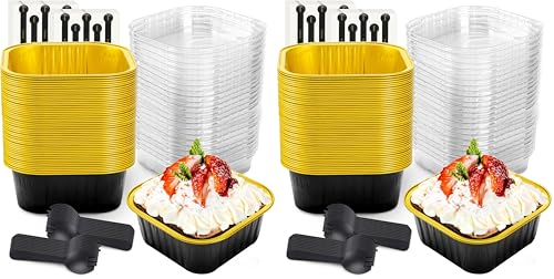 NPLUX 50 Pcs Mini Square Baking Cups with Lids and Spoons Aluminum Foil Mini Cake Pans with Lids Disposable Ramekins Cake Pans Dessert Cups for Wedding Birthday Party(Black Gold,10oz) (Pack of 2) - color: Black, size: 10 OZ (Pack of 2)