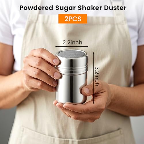 Powdered Sugar Shaker Duster, 2PCS Stainless Steel Cinnamon Shaker for Coffee Bar, Fine Mesh Dredge, Salt and Pepper Shakers for Soda, Cocoa, Cornstarch, Seasoning, 6 Ounce, with Lid