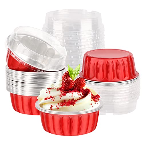 EUSOAR Disposable Ramekins with Lids, 30 pack 8oz Aluminum Foil Cupcake Baking Cups Containers Wrappers with Lid, Dessert Cups with Lids Mini Aluminum Cheesecake Pan Creme Brulee Ramekins-Red - color: Red, size: 30pcs, 8oz