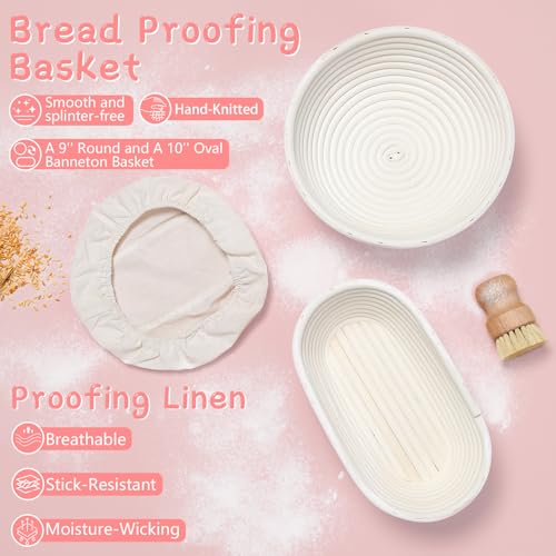Pink Sourdough Starter Kit with Banneton Bread Proofing Basket and Jar - color: Pink