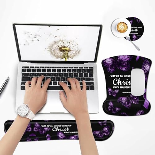 3-in-1 Ergonomic Memory Foam Keyboard Wrist Rest Pad Set, Purple Butterfly - color: 011qj