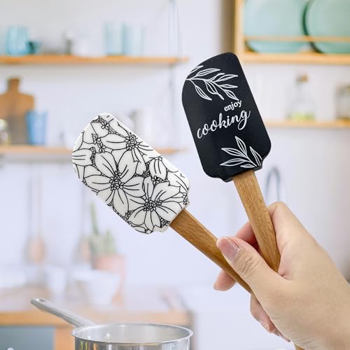 Silicone Spatula Set – 2-Piece Wooden Handle Spatulas for Baking, Cooking & Mixing – Non-Stick Kitchen Utensil Set(blackwhite） - color: BLACK WHITE