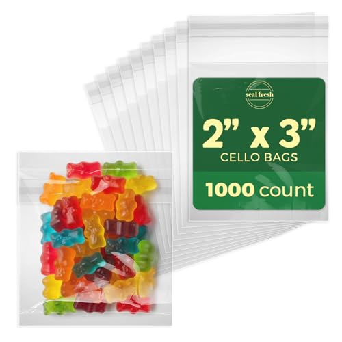 Seal Fresh Self Sealing Cellophane Bags - 2" x 3" (1000 Count) - Clear Plastic Resealable Cello Bag - Cellophane Treat Bags, Cookie Bags for Packaging, Candy bags, Cello Bags, Pastry Bags - size: 2" x 3"