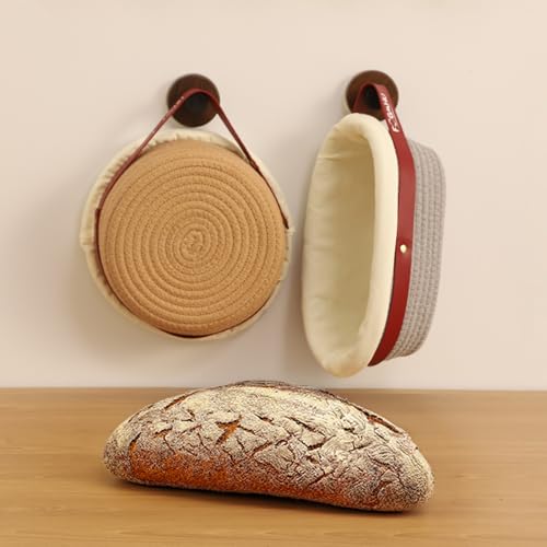 2-Pack Banneton Bread Proofing Baskets – Sourdough Starter Kit for Home Bakers, Cotton Rope Bannetons with Liners, Hanging Hooks & Dough Guide (1 Round + 1 Oval)