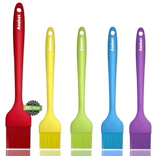 Anaeat 5 Pack Silicone Basting Pastry Brushes - Heat Resistant One-Piece Design with Soft Bristles, Hygienic Marinade Brush for Baking BBQ Grill, Spreading Oil Butter Sauce (Multicolor) - color: Multicolor 5 Pcs (10"+8.2")