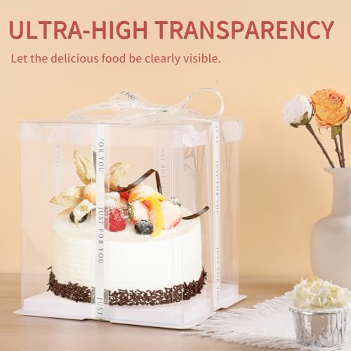 JCD 6Pcs Multi-Layer Tall Cake Boxes Clear Box with Ribbon, 8x8x9 inch,Ideal for 6" Inch Tall Layer Tiered Cakes,Gift Boxes for Wedding Party and Gift Display (Clear Lid, 8 * 8 * 9inch/6Pcs) - size: Clear Lid 8inch/6Pcs