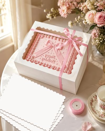 qiqee Sheet Cake Box with Boards 16"x12"x4" 12 Sets, White, Includes ribbon - color: White, size: 12 Sets, 16"x12"x4"
