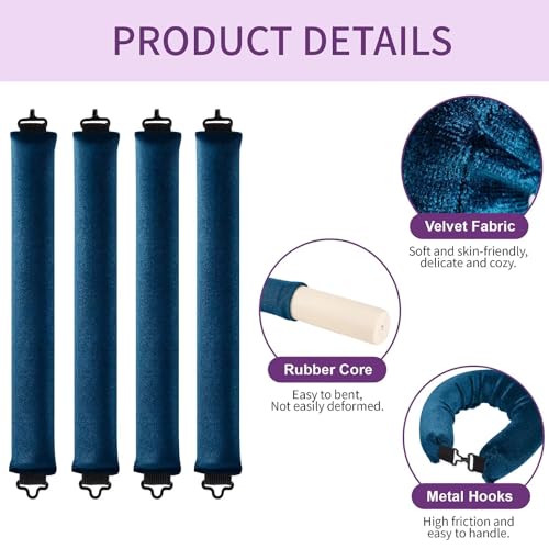 Heatless Curls Overnight Hair Curlers - 4 Pcs No-Heat Curling Rod to Sleep In,Velvet Hair Rollers with Satin Wrap - color: Navy Blue(Pack of 4)