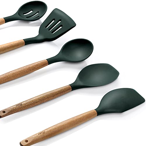 Non-Stick Silicone Cooking Utensils Set with Natural Acacia Hard Wood Handle, 5 Piece, High Heat Resistant (Green) - color: Green