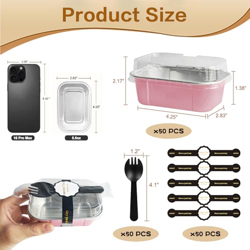 mini loaf pans with lids and spoons 50 Pack,5.5 oz Rectangle mini individual cake tins Disposable Small Aluminum Foil Baking pans(50, Pink) - color: Pink