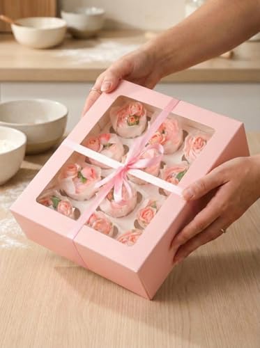Bakepacker Auto-pop up 12 Cupcake Boxes, Pink, 6-Packs - color: Pink,6