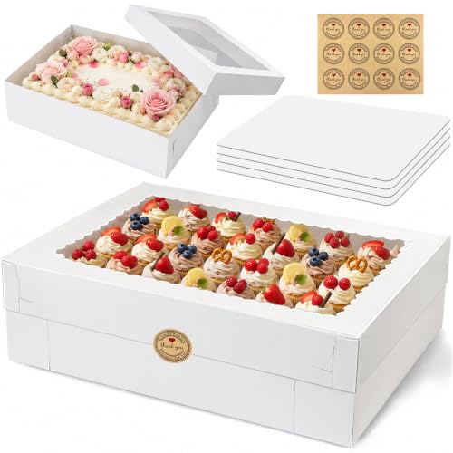 MUMULULU 4 PCS 19x14x5 Inch Cake Boxes with Cake Board White Sheet Rectangular Bakery Boxes with Window for Cookies Dessert Cupcakes Pastry Baking Pie Packaging - size: White 19×14×5
