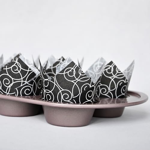 QLSmypkg Muffin Greaseproof paper Baking cupcake cups, 2"(Bottom diameter) x 3-1/2"(Height) Black Fancy Floral Print Tulip Baking Cup Case of 125 pcs (125, Standard) - color: Black Fancy Floral Print