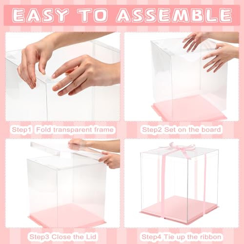 Watersay 6 Pack 12''x12''x13'' Pink Cake Box with Cake Boards and Ribbon - color: Pink, size: 12''x12''x13''