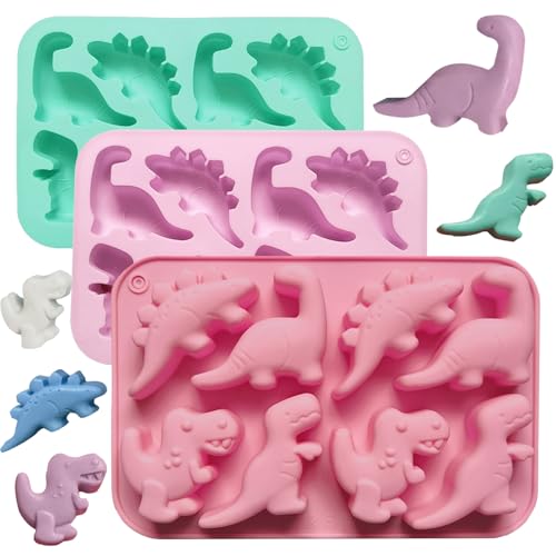 3Pcs Silicone Dinosaur Molds - Animal Silicone Muffin Tins - Chicken Nugget, Popsicle & Chocolate Candy Maker -Non-Stick, Suitable for Snacks, Parties, and Creative Cooking Dinosaur Molds（3 Colors） - color: Pink, green, purple