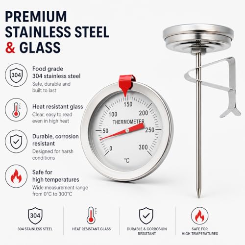 Candy Thermometer Oil Thermometer for Frying with Clip 304 Stainless Steel Deep Fry Thermometers with High Temperature Glass Gauge for Milk Coffee Tea BBQ and Food Cooking Kitchen Tool (S) - size: S