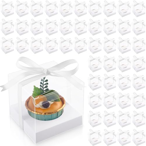 50 Pcs Plastic Cupcake Boxes, 3.5 Inch, White, Clear