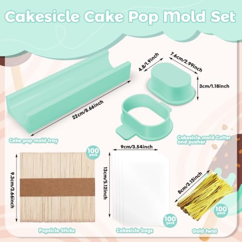3 Inch Cakesicle Cutter and Cake Pop Mold Set with 8.7in Tray, 100 Wooden Sticks & 100 Bags, Silicone Cakesicle Mold for Homemade Cake Pops, Baking, Birthdays and Party Desserts (Turquoise) - color: Turquoise